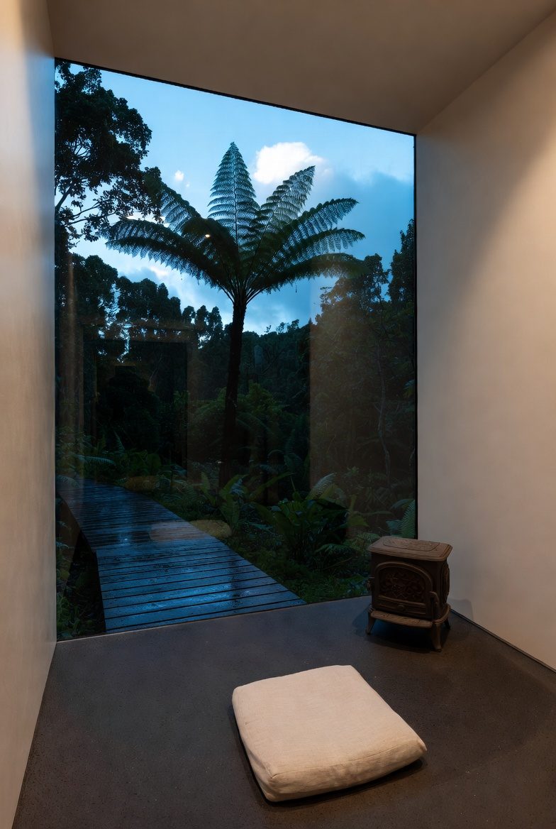 Meditation cell with single cushion, wood stove, and floor-to-ceiling window onto a tree fern