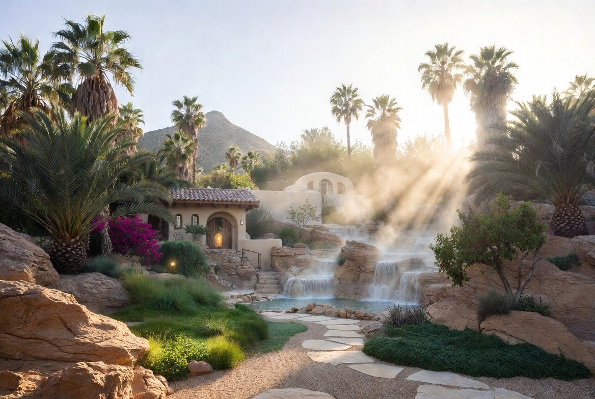 Sky Valley — rammed earth home with cascading hot mineral pools, palm oasis, bougainvillea, and mountain sunrise