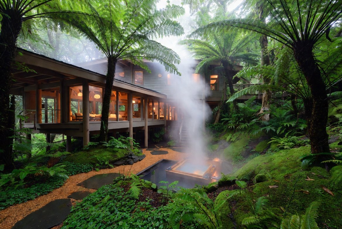 Rainforest pavilion with timber frame, cedar ofuro, hapuu tree ferns, and steaming mineral pool