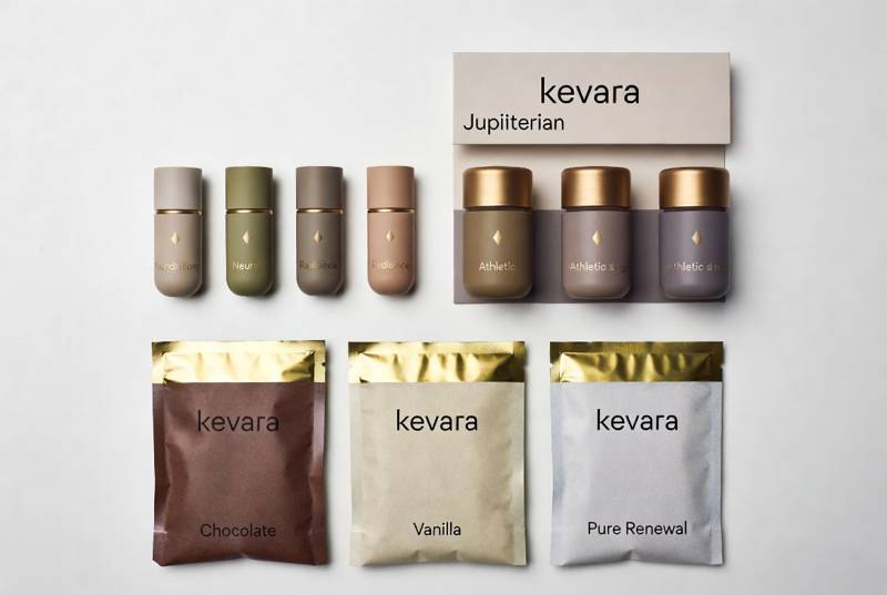 Kevara product line — capsules, protein powder packets, and the diamond mark across packaging