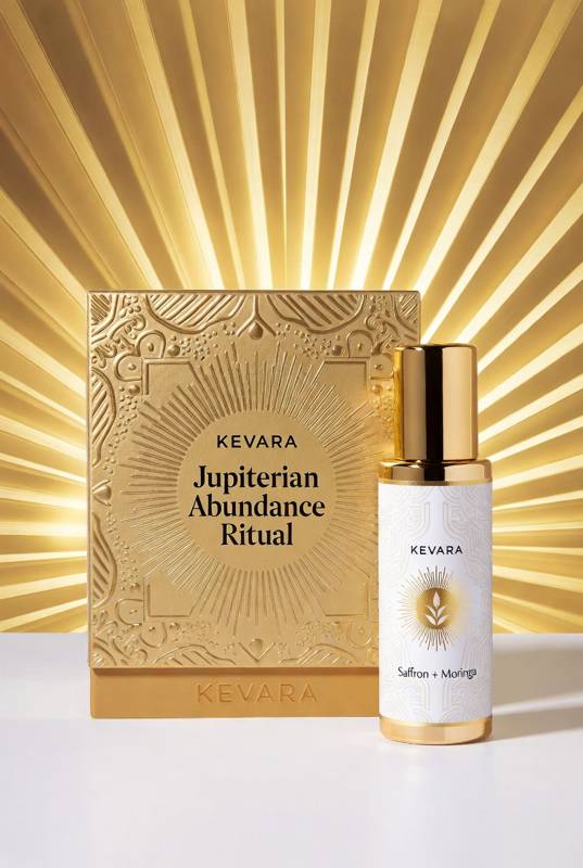 Kevara Jupiterian Abundance Ritual — embossed gold box with sun-burst rays and Saffron + Moringa oil bottle